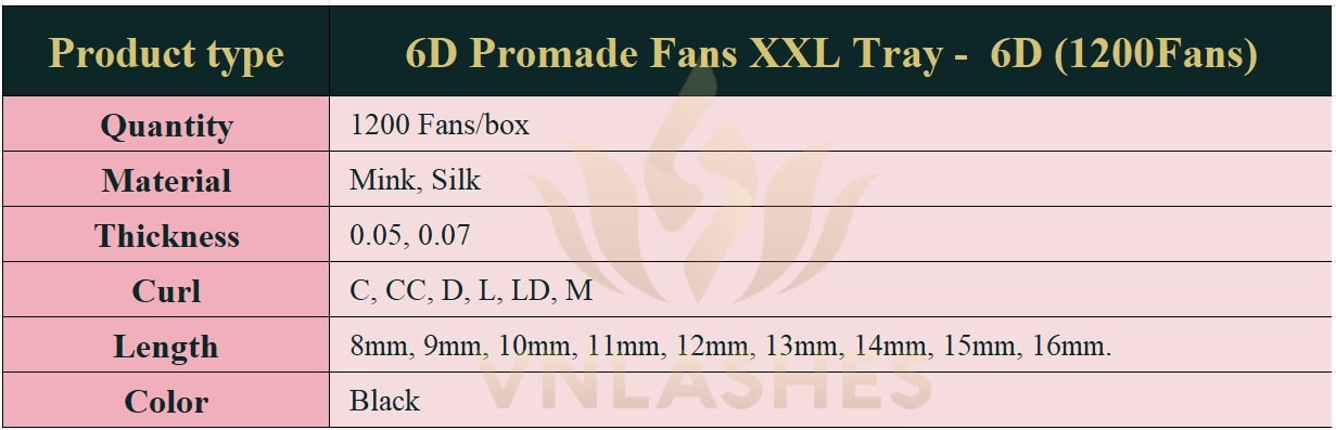 Product information Promade Fans 6D XXL Tray - 1200Fans - Premade Fans Volume Eyelash Extensions -VNLASHES