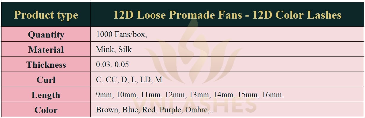 Product information Color Lashes Loose Promade Fans 12D - 1000Fans - Premium Quality Promade Loose Fans - VNLASHES