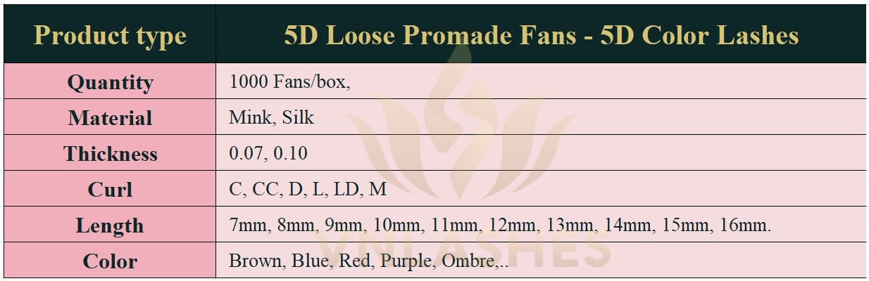 Product information Color Lashes Loose Promade Fans 5D - 500Fans - Premium Quality Promade Loose Fans - VNLASHES